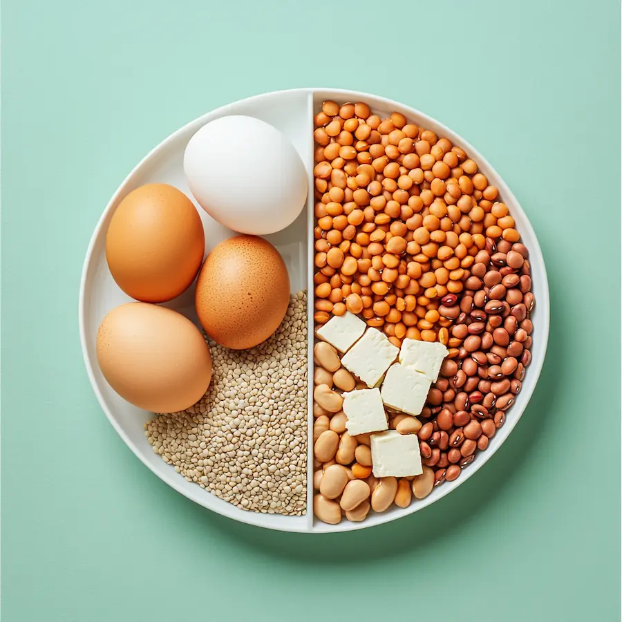 Comparison of animal protein foods and plant-based protein foods on a clean background