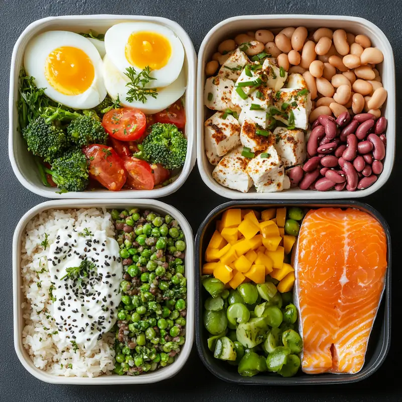 Several balanced protein-rich meals arranged side by side to illustrate spreading protein intake across the day.