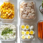 Budget high protein meal prep with eggs lentils chicken rice and vegetables in meal prep containers