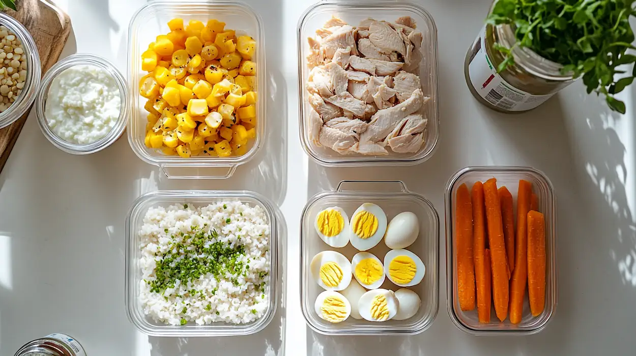 Budget high protein meal prep with eggs lentils chicken rice and vegetables in meal prep containers