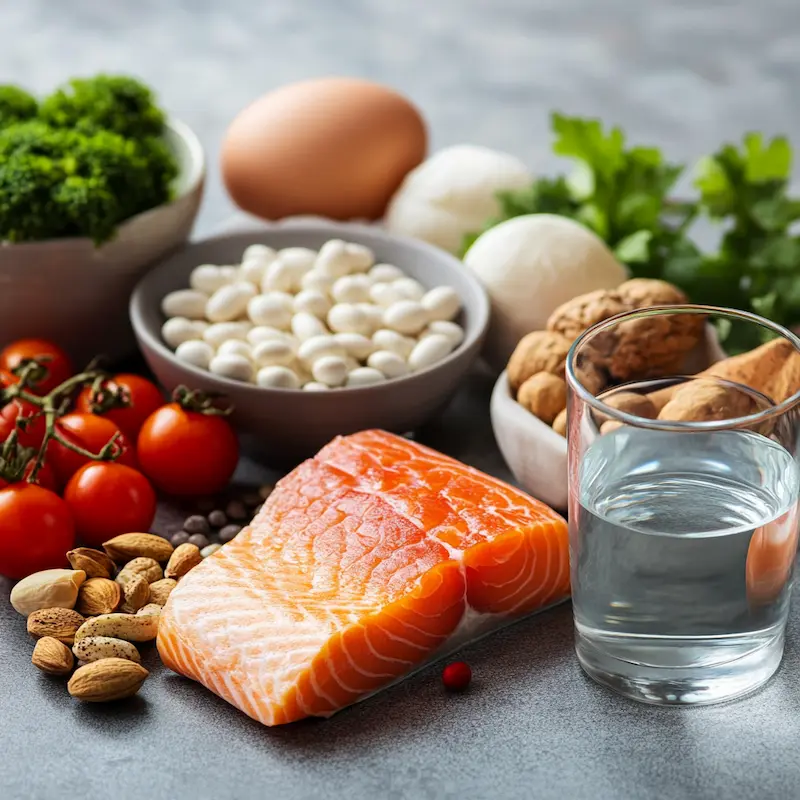 High-protein foods and a glass of water arranged in a calm health-focused setting representing kidney health and hydration.