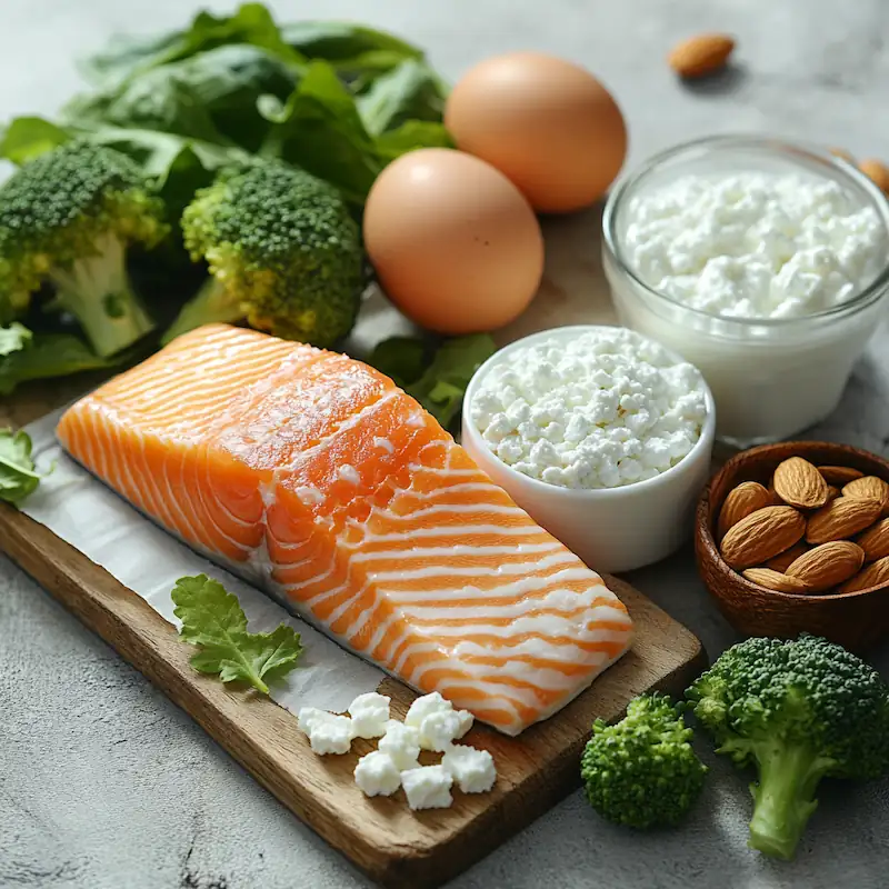 Protein-rich foods with dairy, leafy greens, and nutrient-rich ingredients representing bone health support.