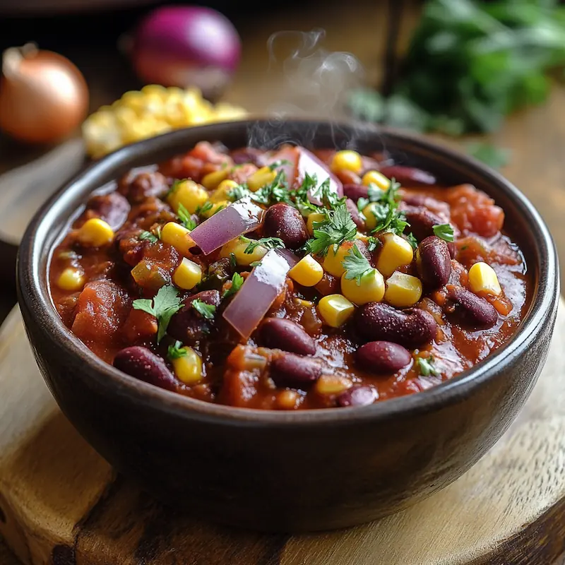 Bowl of high-protein vegan chili sin carne with red beans, corn, tomatoes, and onions