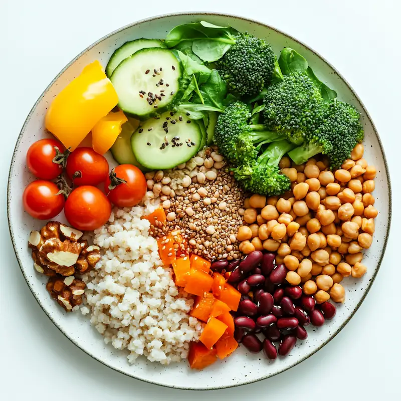 Balanced plant-based plate with grains, legumes, vegetables, and seeds arranged in thirds