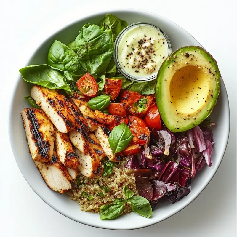 Balanced high-protein meal with vegetables and healthy ingredients representing satiety and sustainable weight loss.