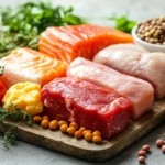 Balanced high-protein foods including eggs, salmon, chicken, yogurt, legumes, and vegetables on a clean kitchen counter.