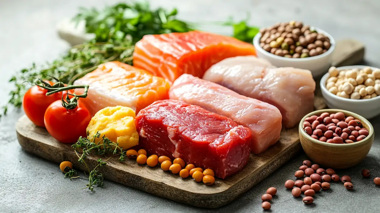 Balanced high-protein foods including eggs, salmon, chicken, yogurt, legumes, and vegetables on a clean kitchen counter.