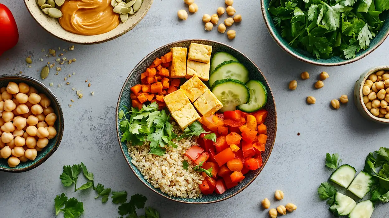 Plant-based protein foods including tofu, lentils, quinoa, chickpeas, seeds, and vegetables on a bright kitchen table