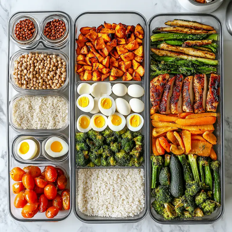 Organized batch cooking setup with rice eggs vegetables chicken and lentils for weekly meal prep