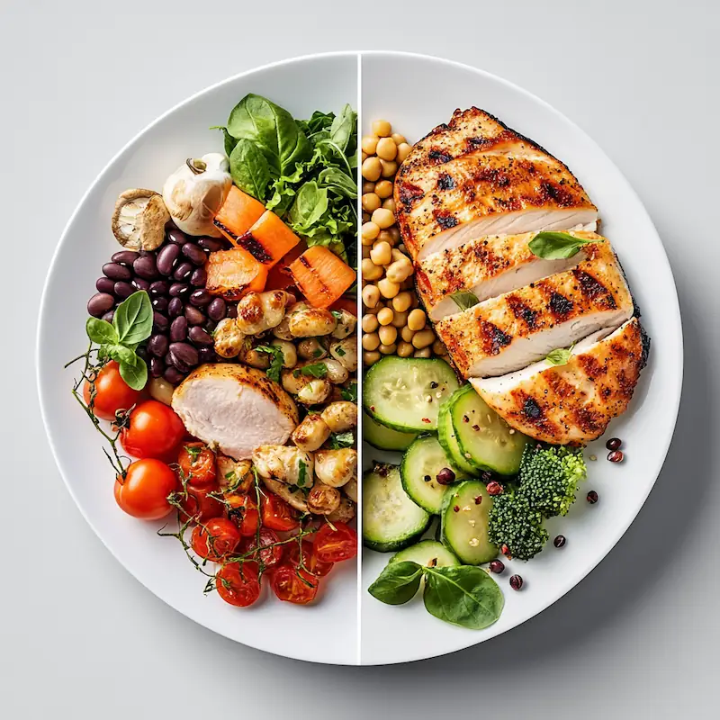 Comparison between an unbalanced high-protein meal with processed meat and a balanced plate with vegetables, fiber, and water.