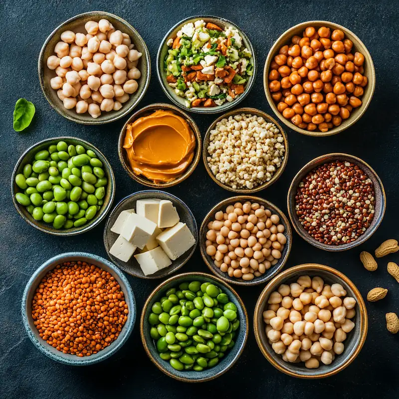 Top plant-based protein foods including tofu, tempeh, lentils, chickpeas, quinoa, seeds, and peanut butter