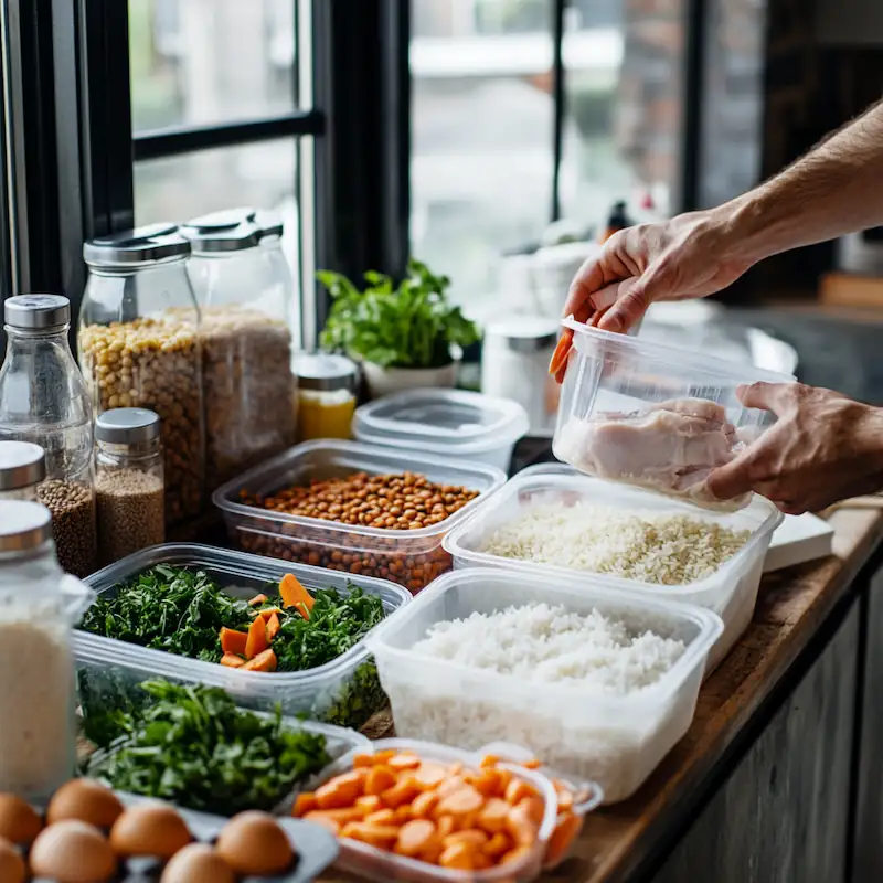 Person batch cooking high protein meals with containers rice chicken eggs lentils and vegetables