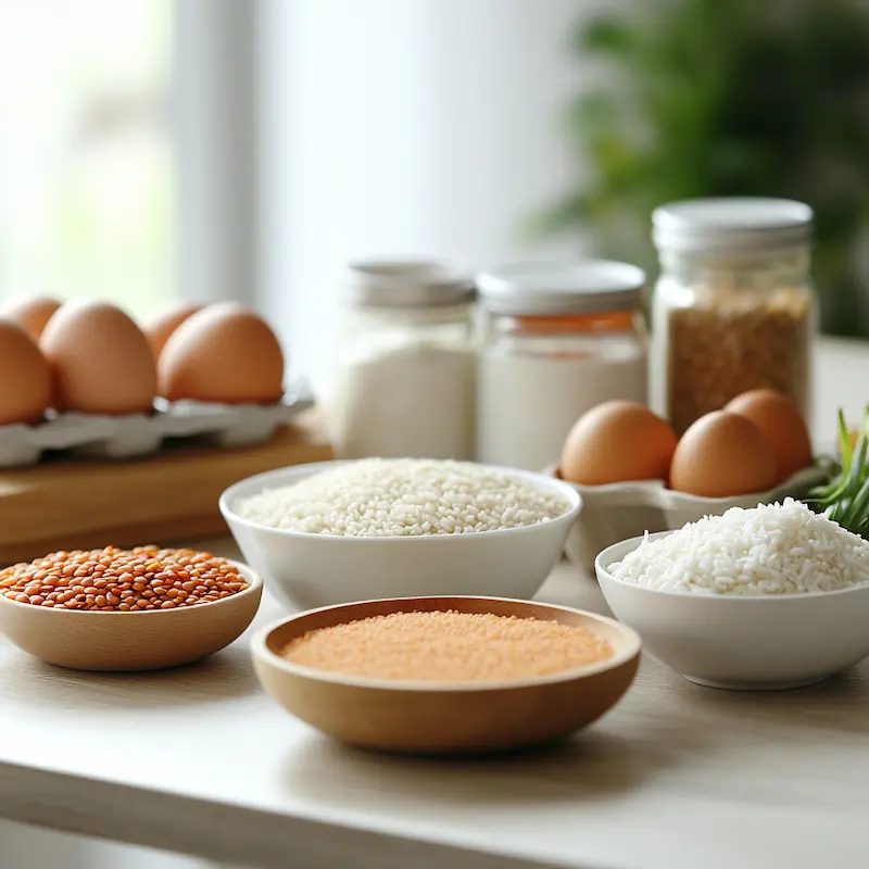 Affordable high protein foods including eggs lentils tuna yogurt and rice on a kitchen table