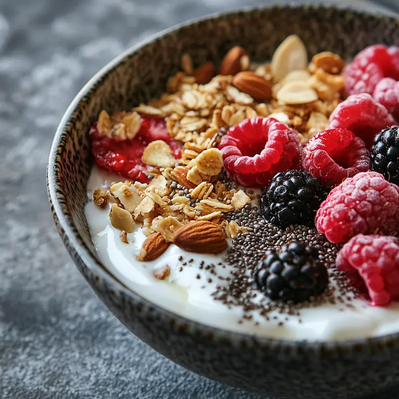Greek yogurt high protein breakfast bowl with berries nuts and chia seeds