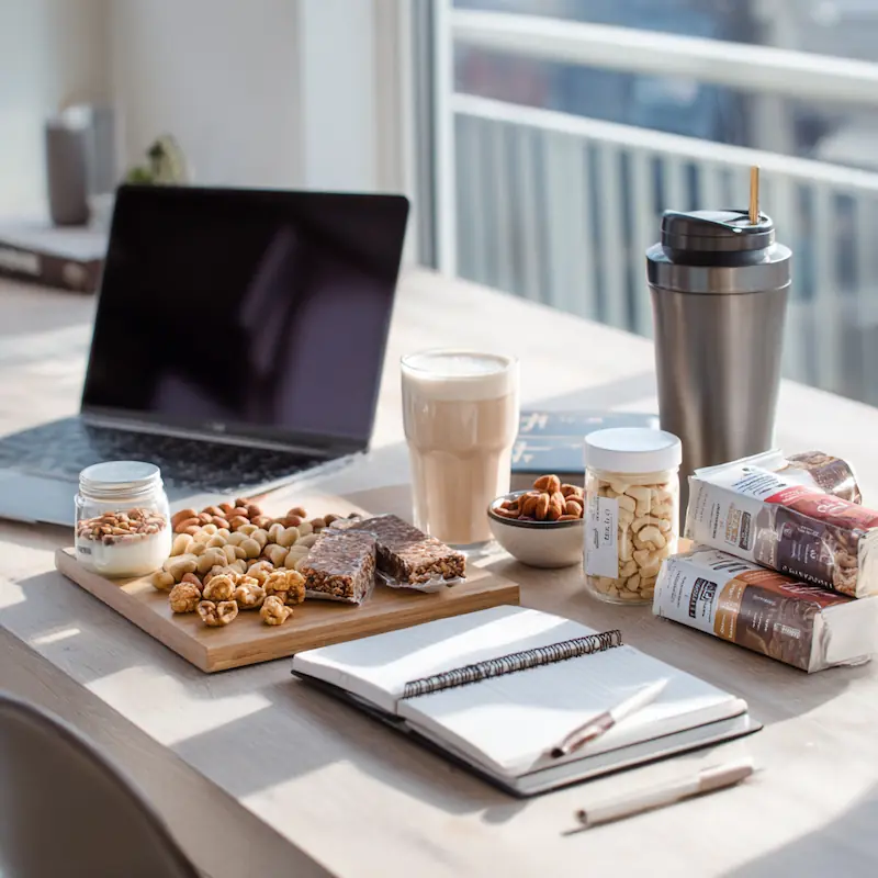 high protein snacks for work arranged on a clean office desk