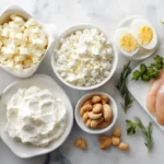 Chart showing high protein snacks under 200 calories with calories and protein grams