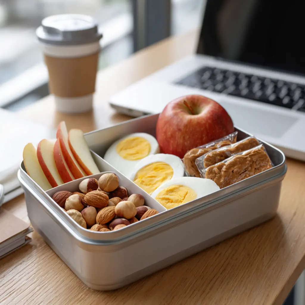 high protein snacks for work lunchbox eggs nuts apple peanut butter