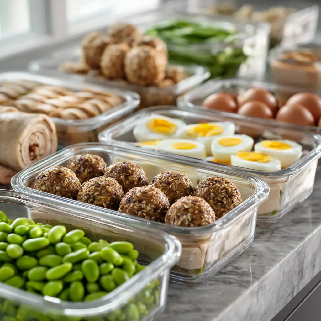 meal prep containers with high protein snacks for work