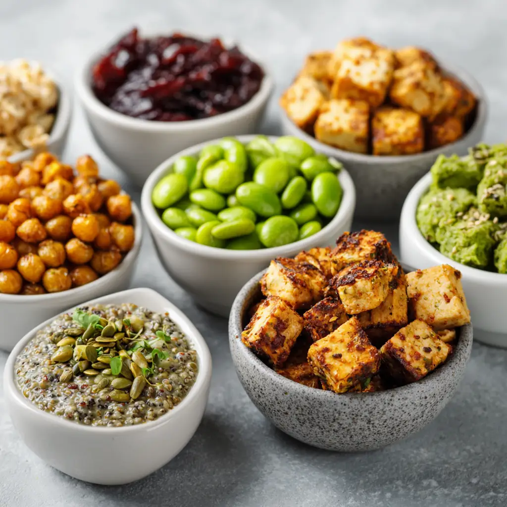 plant based high protein snacks chickpeas edamame chia pudding tofu