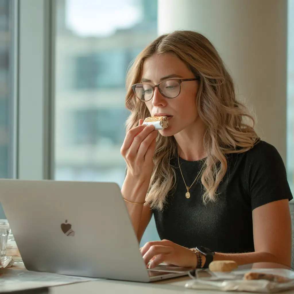 person eating high protein snack while working at desk