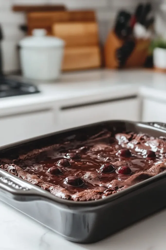 Warm chocolate cherry dump cake in a baking dish on a white kitchen counter in a softly lit evening kitchen