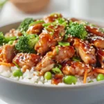 A cozy chicken rice bowl with broccoli, carrots, and green onions served in a softly lit evening kitchen