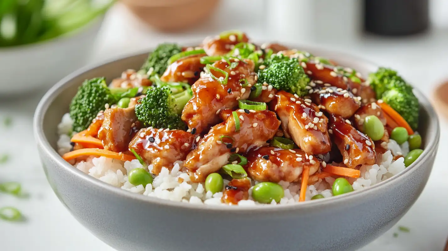 A cozy chicken rice bowl with broccoli, carrots, and green onions served in a softly lit evening kitchen