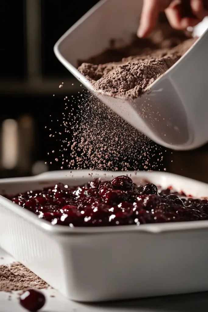 Chocolate cake mix being sprinkled over cherry pie filling in a white baking dish