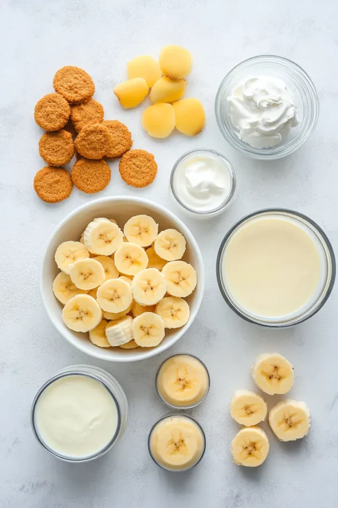 Ingredients for easy banana pudding arranged neatly on a white kitchen counter