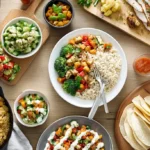 Overhead view of easy dinner recipes with pasta, tacos, skillet meals, and roasted vegetables on a kitchen table.