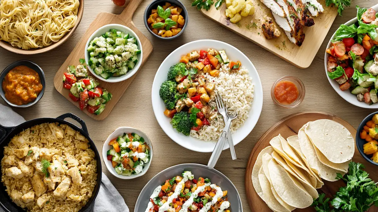 Overhead view of easy dinner recipes with pasta, tacos, skillet meals, and roasted vegetables on a kitchen table.