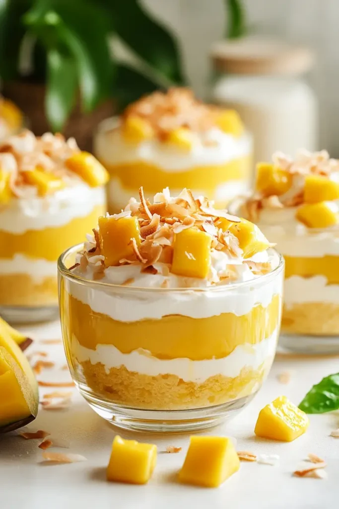 close-up of a mango coconut pudding cup with smooth tropical layers