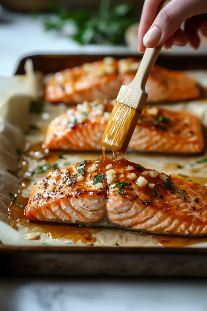 Salmon being brushed with honey garlic sauce before baking in a cozy evening kitchen