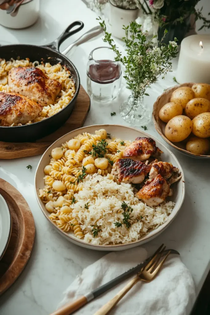 Cheap dinner ideas with pasta, chicken, rice, and potatoes in a warm cozy kitchen