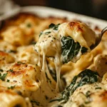 Cheesy baked tortellini with spinach in a white baking dish topped with melted mozzarella and basil
