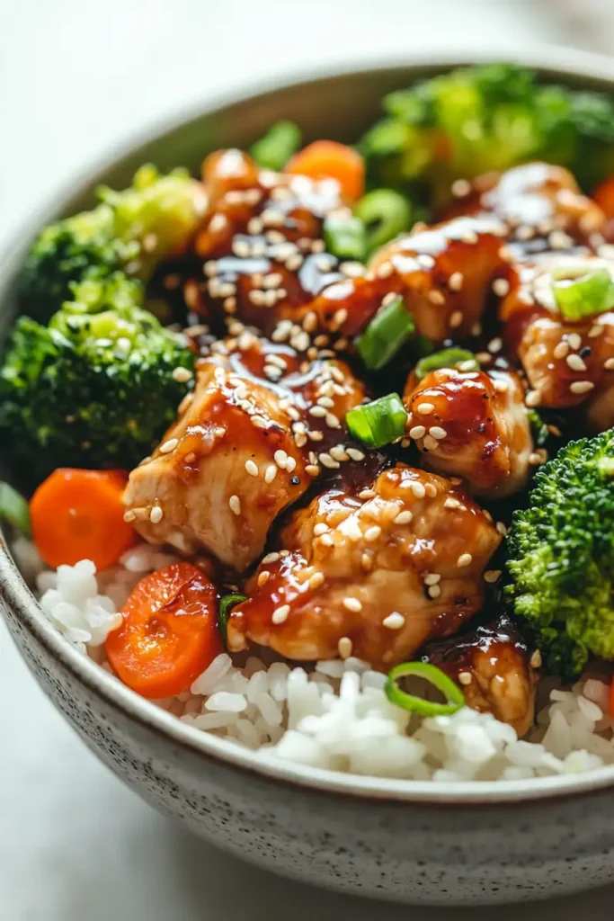 Close-up of a savory chicken and rice bowl with glossy sauce and fresh vegetables