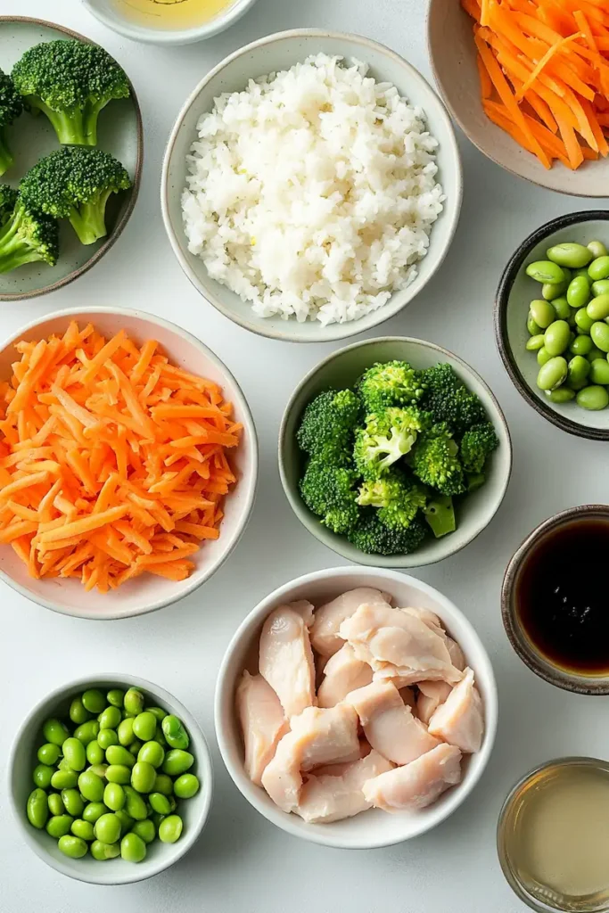 Ingredients for a chicken rice bowl arranged neatly on a white counter in a cozy evening kitchen