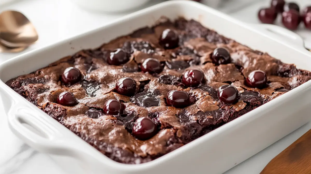Warm chocolate cherry dump cake in a white baking dish with a spoonful served beside it