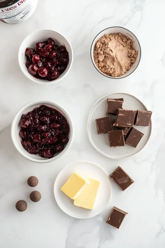Cherry pie filling, chocolate cake mix, and sliced butter arranged neatly on a white counter