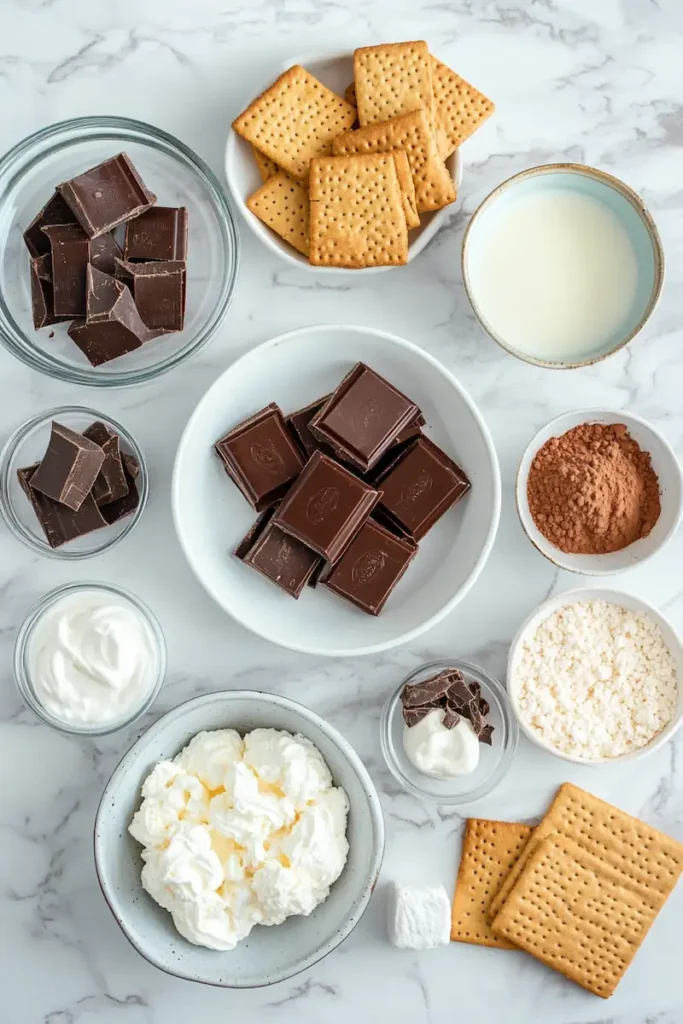 Ingredients for no-bake chocolate eclair dessert arranged neatly on a white kitchen counter