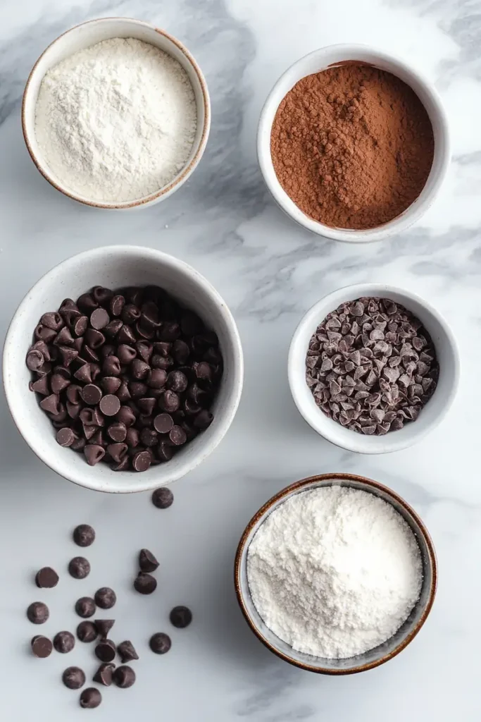 Chocolate Mug Cake Without Eggs 3 Ingredients for chocolate mug cake without eggs arranged neatly on a white counter