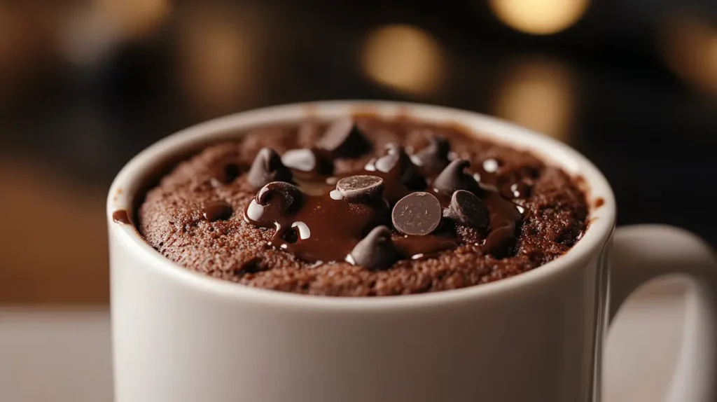 Chocolate Mug Cake Without Eggs 1 Warm chocolate mug cake without eggs in a ceramic mug with melted chocolate chips on top