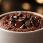 Warm chocolate mug cake without eggs in a ceramic mug with melted chocolate chips on top