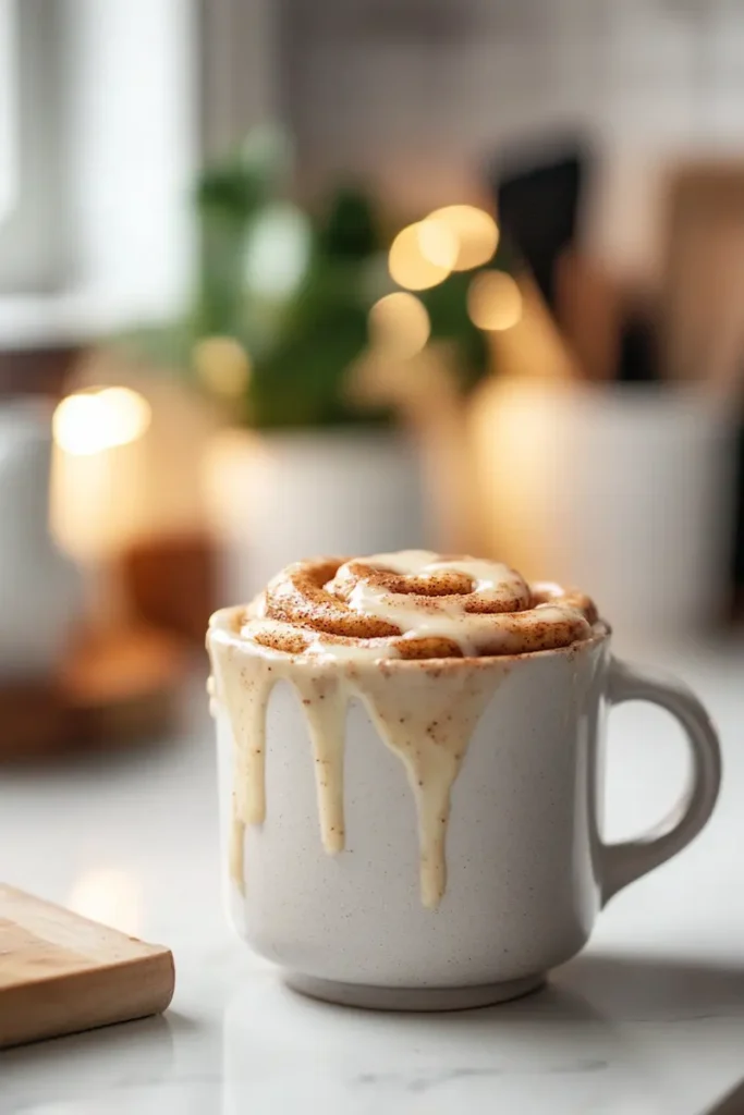 Warm cinnamon roll mug cake in a ceramic mug on a white kitchen counter with soft evening lighting