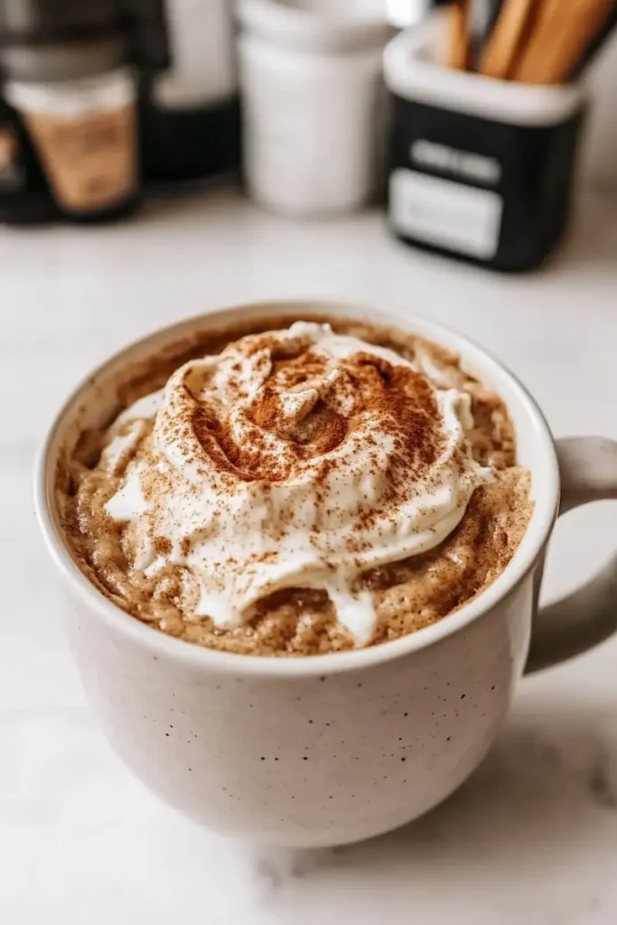Close-up of fluffy cinnamon roll mug cake with glaze and cinnamon swirl