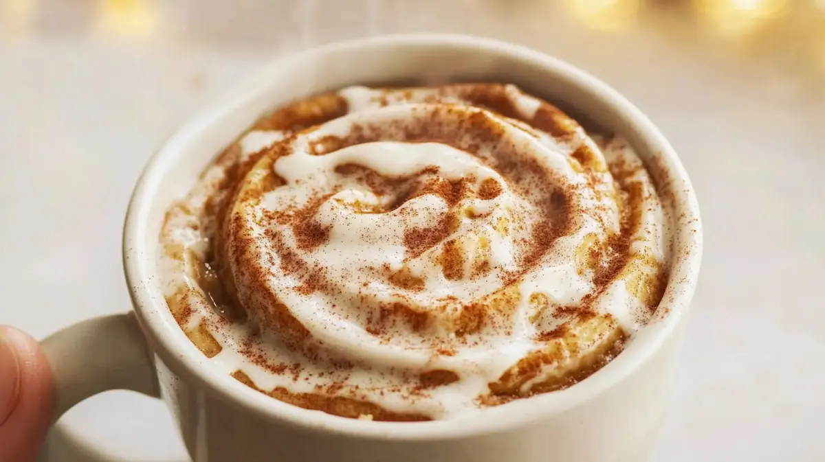 Warm cinnamon roll mug cake with glaze in a ceramic mug