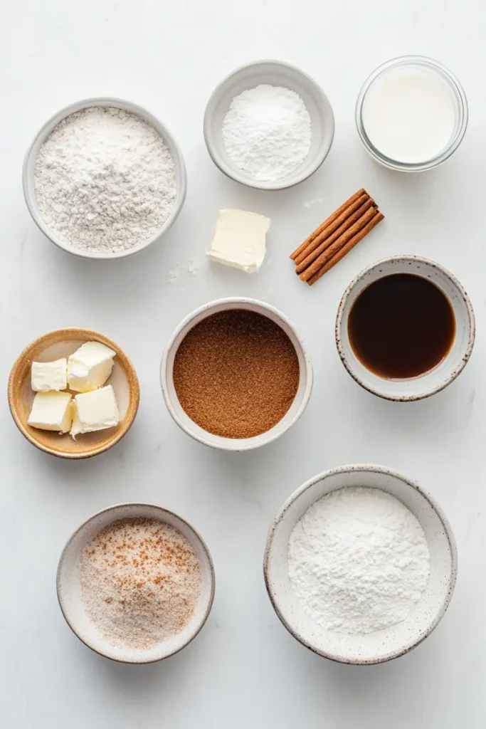 Ingredients for cinnamon roll mug cake arranged neatly on a white counter