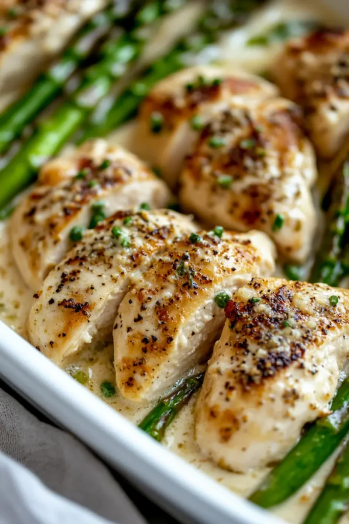 Close-up of creamy garlic chicken with asparagus and parmesan sauce