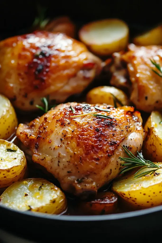 Close-up of juicy Greek-style lemon chicken with roasted potatoes and glossy pan juices