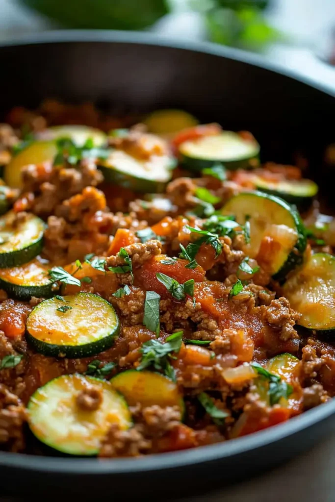 Close-up of savory ground beef and zucchini skillet with tomato sauce and melted cheese